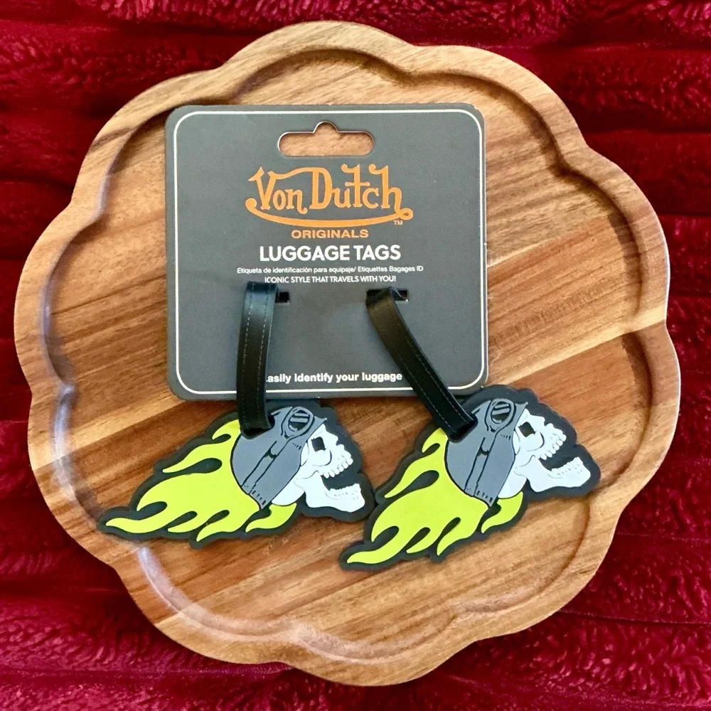 Von Dutch Neon Green & Black Skull Luggage Tags - Pair